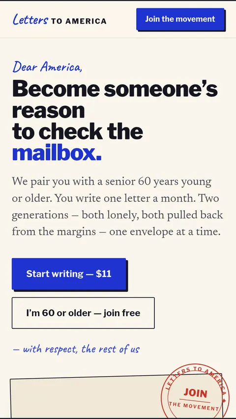 Letters to America home page on a phone, headed Become someone's reason to check the mailbox