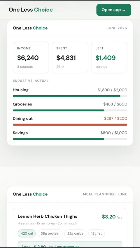One Less Choice landing page on a phone, showing a budget summary with income, spent and remaining, and a meal plan