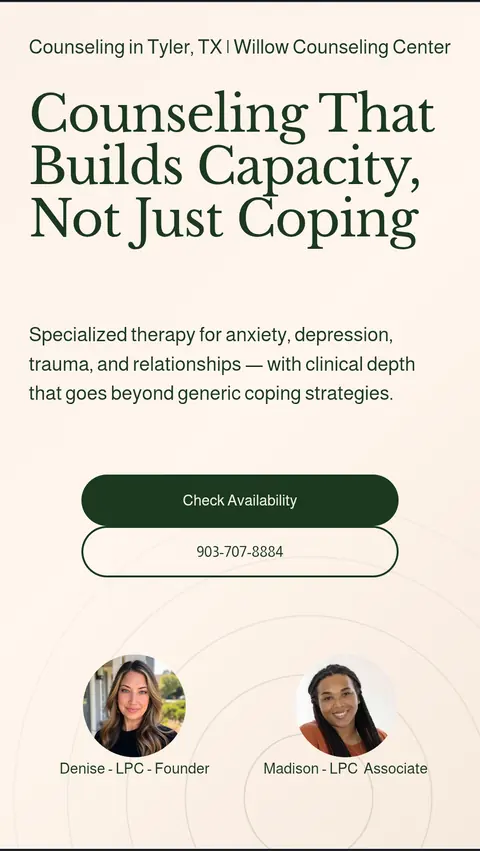 Willow Counseling Center home page on a phone, warm layout headed Counseling that builds capacity, not just coping, with photos of the two therapists